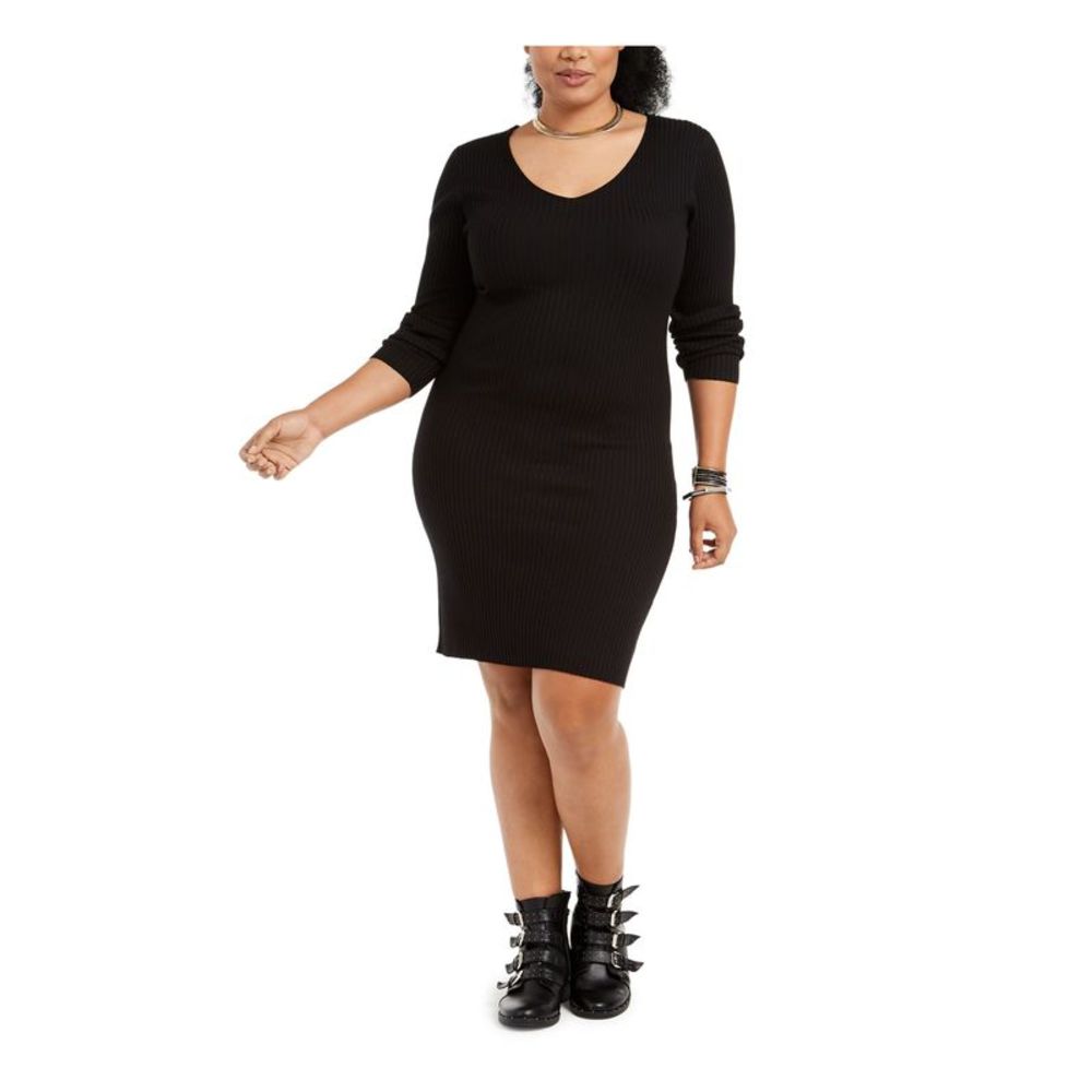 PLANET GOLD PLUS Womens Black Long Sleeve Above The Knee Sheath Dress Plus 2X